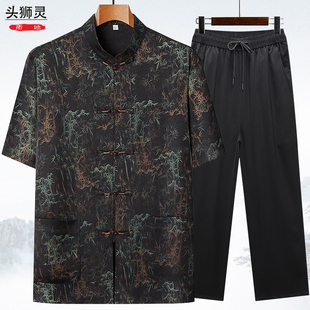 唐装男短袖爸爸夏装套装中式中老年人爷爷夏季衣服复古中国风薄款