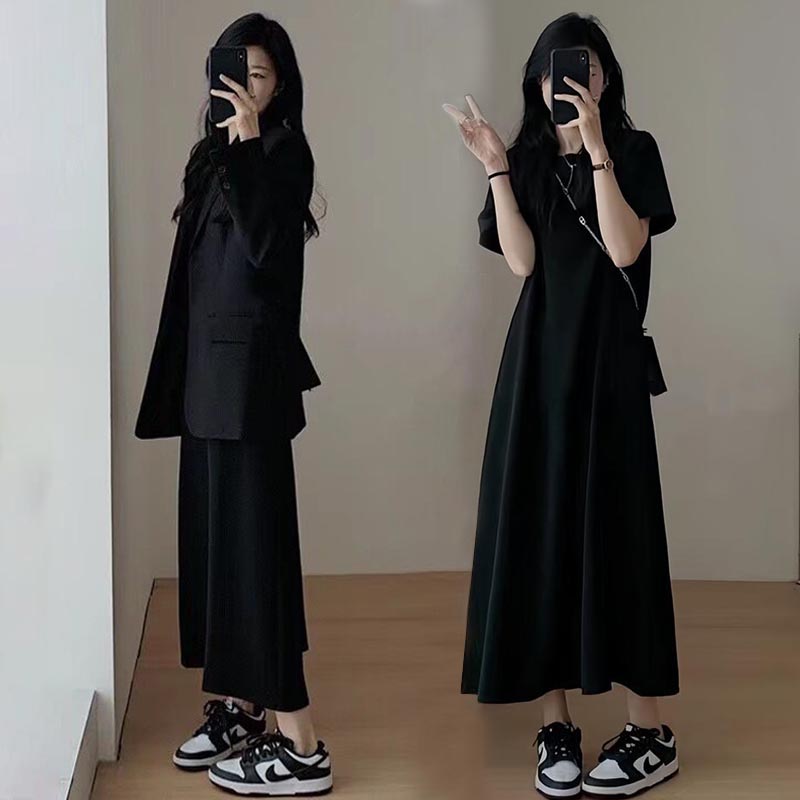 大码女装夏季新款西装外套两件套韩版显瘦连衣裙气质宽松黑色长裙