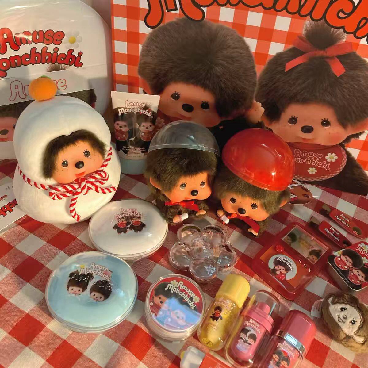韩国amuse4月联名蒙奇奇蓝气垫遮瑕提亮唇颊两用腮红唇釉超大粉扑