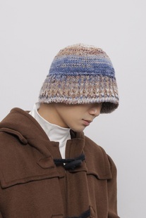 韩国小众设计师款混色渐变彩色针织渔夫帽子男女秋冬大头围毛线帽