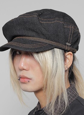 WORLDWIDE/日系复古小众牛仔平顶贝雷帽丹宁风大头围显脸小八角帽