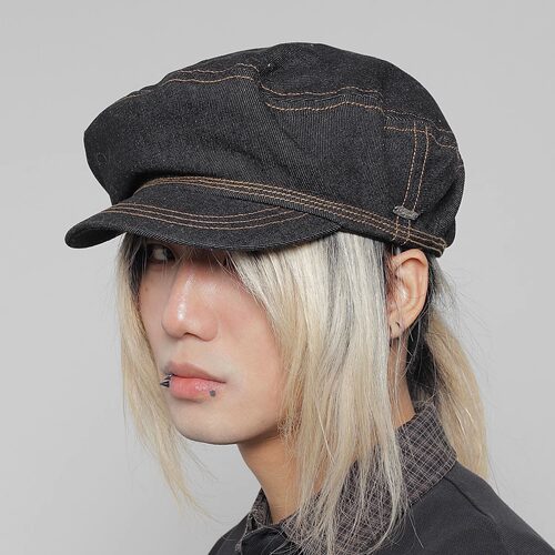 WORLDWIDE/日系复古小众牛仔平顶贝雷帽丹宁风大头围显脸小八角帽