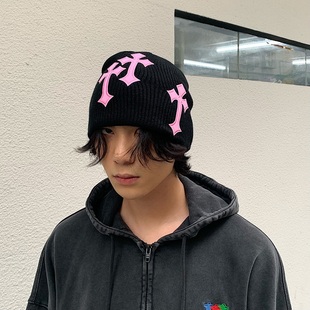 美式复古街头十字架毛线帽亚文化雅痞堆堆帽秋冬保暖针织帽冷帽潮