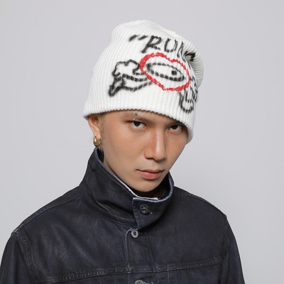 WORLDWIDE 日系街头亚文化趣味喷绘毛线帽秋冬大头围显脸小针织帽