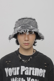 WORLDWIDE/水洗做旧毛边牛仔大檐渔夫帽街头破坏暗黑风小众盆帽子