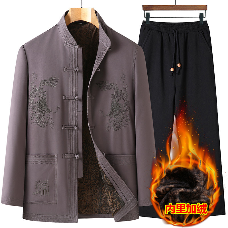 MIDDLE-AGED AND ELDERLY TANG COSTUMES MENS VELVET THICKENED WINTER COTTON CLOTHES DAD CLOTHES BIRTHDAY GRANDPA TOPS COTTON SUITS