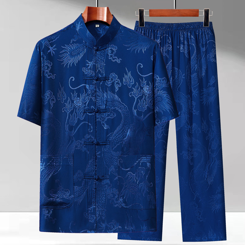 唐装男冰丝短袖夏季中老年爸爸装薄款套装老人衣服中国风爷爷夏装