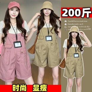 大码孕妇薄款背带裤夏季套装韩版宽松短裤时尚短袖两件套女200斤