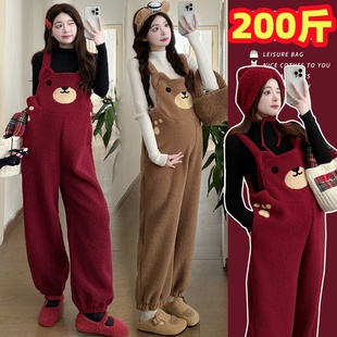 大码孕妇加厚小熊背带裤秋冬装吊带连体裤遮肚显瘦托腹长裤200斤