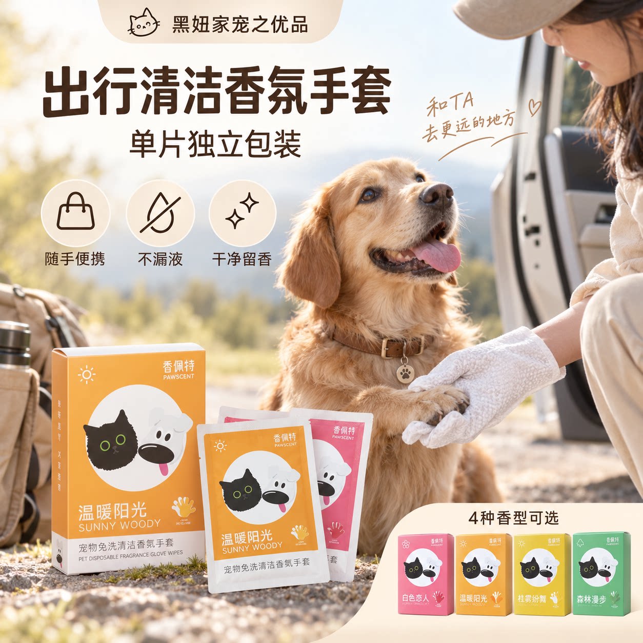 香佩特宠物猫狗通用免洗手套SPA手套香水氛巾润毛足清洁祛味留香
