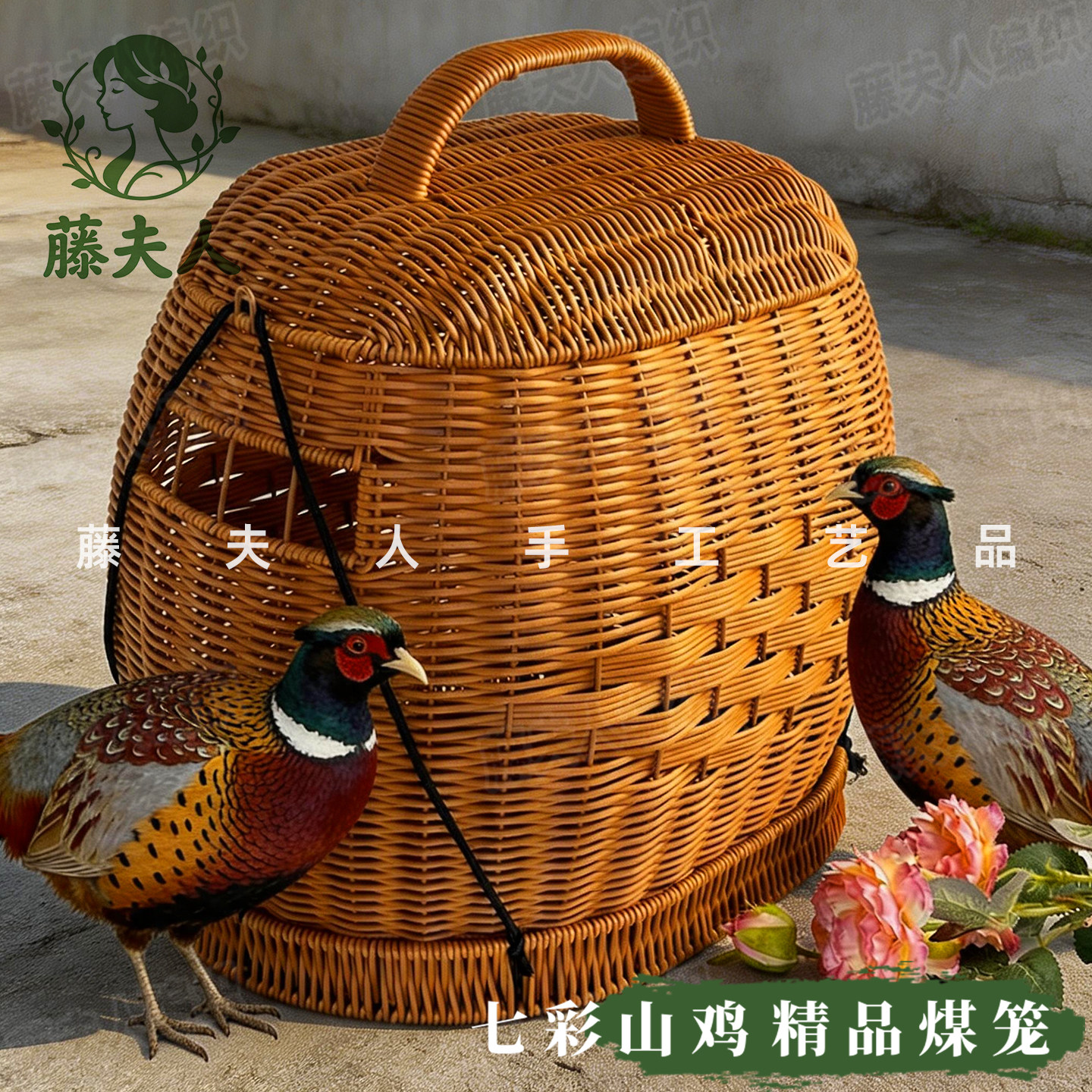 七彩山鸡专用鸡笼山上煤笼手工编织家用户外手提笼养殖笼