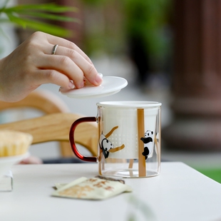 熊猫玻璃茶杯喝水卡皮巴拉茶水分离泡茶杯带盖过滤伴手礼定制logo