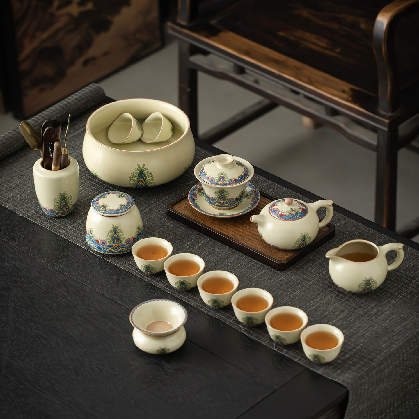 缘宿米黄汝窑江海无涯功夫茶具套组陶瓷茶杯可养开片整套礼盒装