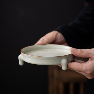 宋朴米黄汝窑汝瓷三足壶承干泡台壶托茶具茶壶垫开片可养定制logo