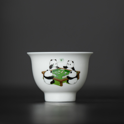 熊猫打麻将白瓷茶杯主人杯陶瓷杯单杯客人杯喝茶杯品茗杯定制logo