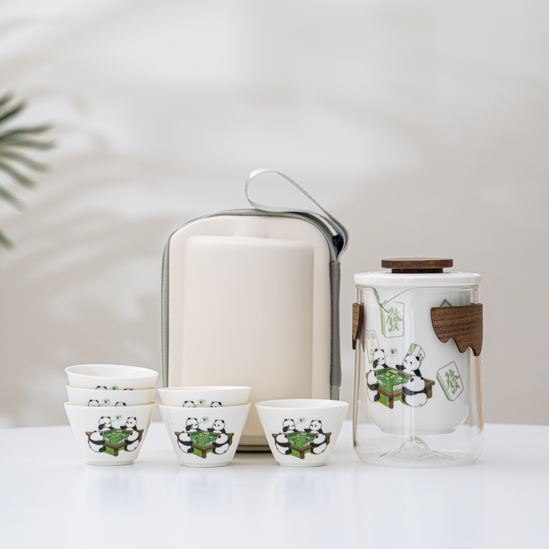 熊猫打麻将旅行茶具一壶三杯六杯快客杯便携户外伴手礼定制logo
