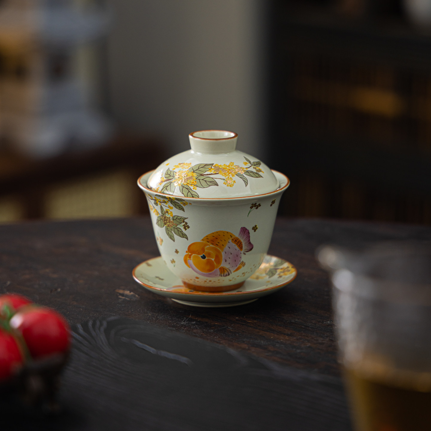 缘宿草木灰桂花金鱼盖碗二才三才盖碗陶瓷泡茶碗家用文人茶器茶室
