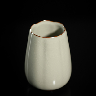 宋朴米黄汝窑葵口茶道六君子套装黑檀木茶道配件小花瓶花插毛笔筒