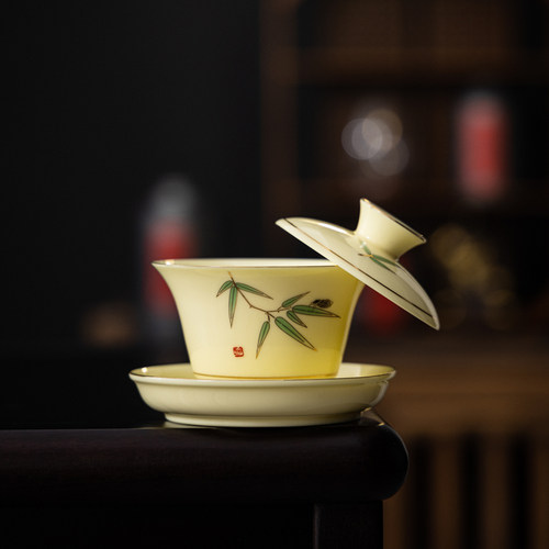 可悬停旋转盖碗宝石黄泡茶不烫手茶具功夫碗三才带盖陶瓷定制logo