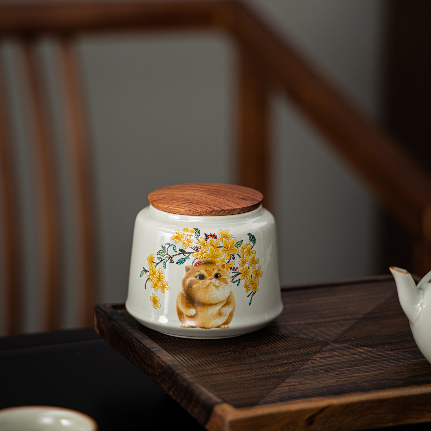 缘宿花梨木盖陶瓷小茶罐小号30g茶叶包装密封可携式香粉罐定制log