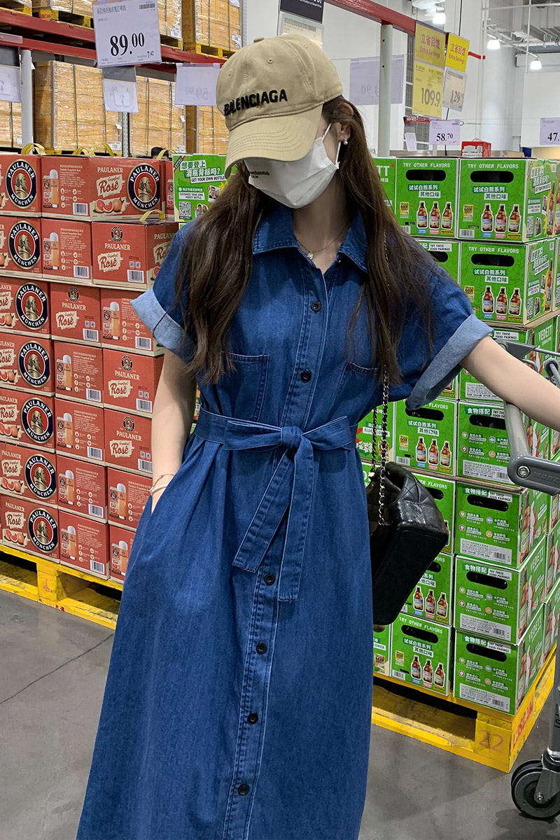深蓝色衬衫连衣裙女夏季新款温柔显瘦工装牛仔裙法式漂亮独特长裙,女装连衣裙,叁秋一裳