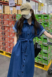 深蓝色衬衫连衣裙女夏季新款温柔显瘦工装牛仔裙法式漂亮独特长裙，女装连衣裙，叁秋一裳