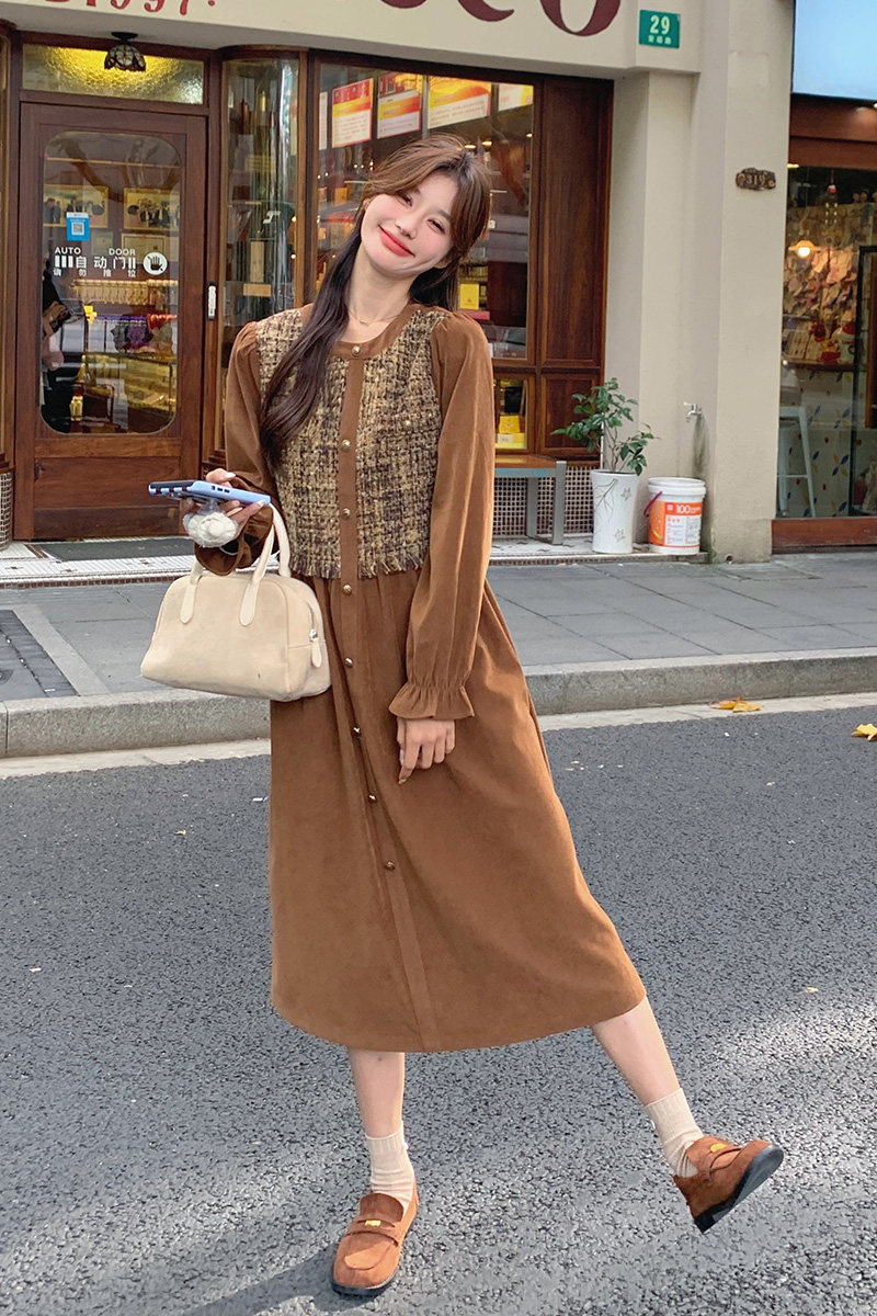 法式小香风假两件连衣裙女2025春季新款气质名媛收腰显瘦爆款长裙,女装连衣裙,叁秋一裳