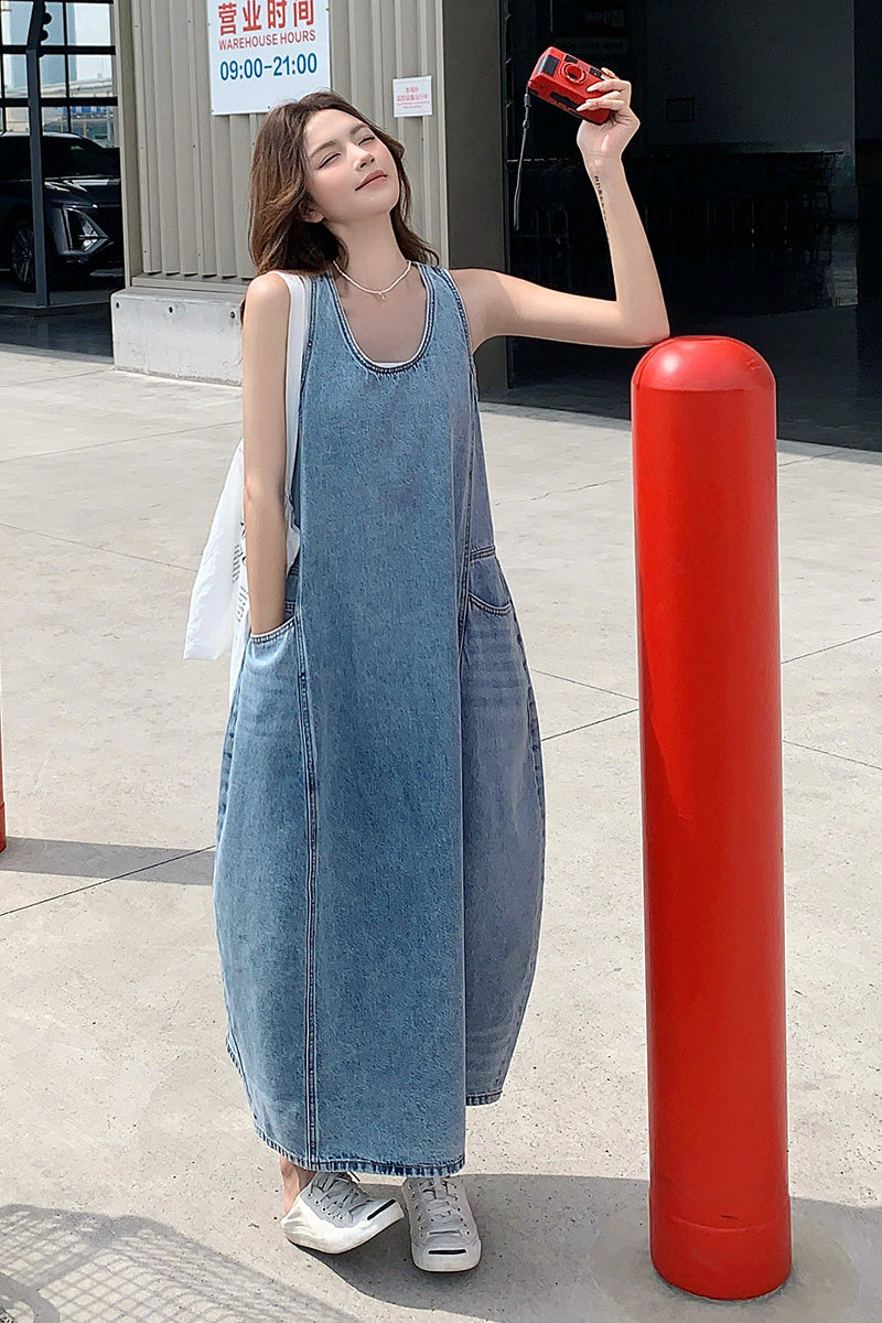 独特漂亮牛仔无袖连衣裙女夏2025新款绝美慵懒松弛感背心长裙及踝,女装连衣裙,叁秋一裳