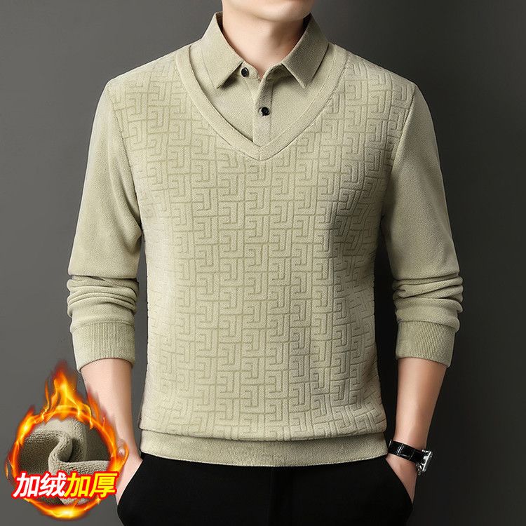 2025新款奥粒绒假两件男士加绒厚实柔软卫衣中青保暖打底上衣