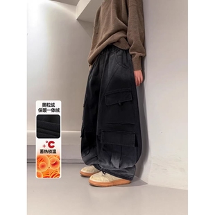 胖东来山姆男童新款冬季加绒牛仔工装裤一体绒炸街中大童宽松阔腿