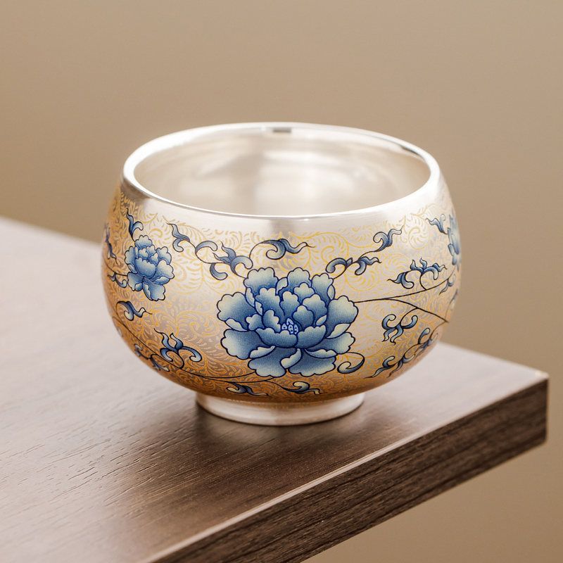 999鎏银青花金枝缠莲喝茶杯主人杯单杯轻奢品茗杯功夫茶具罗汉杯