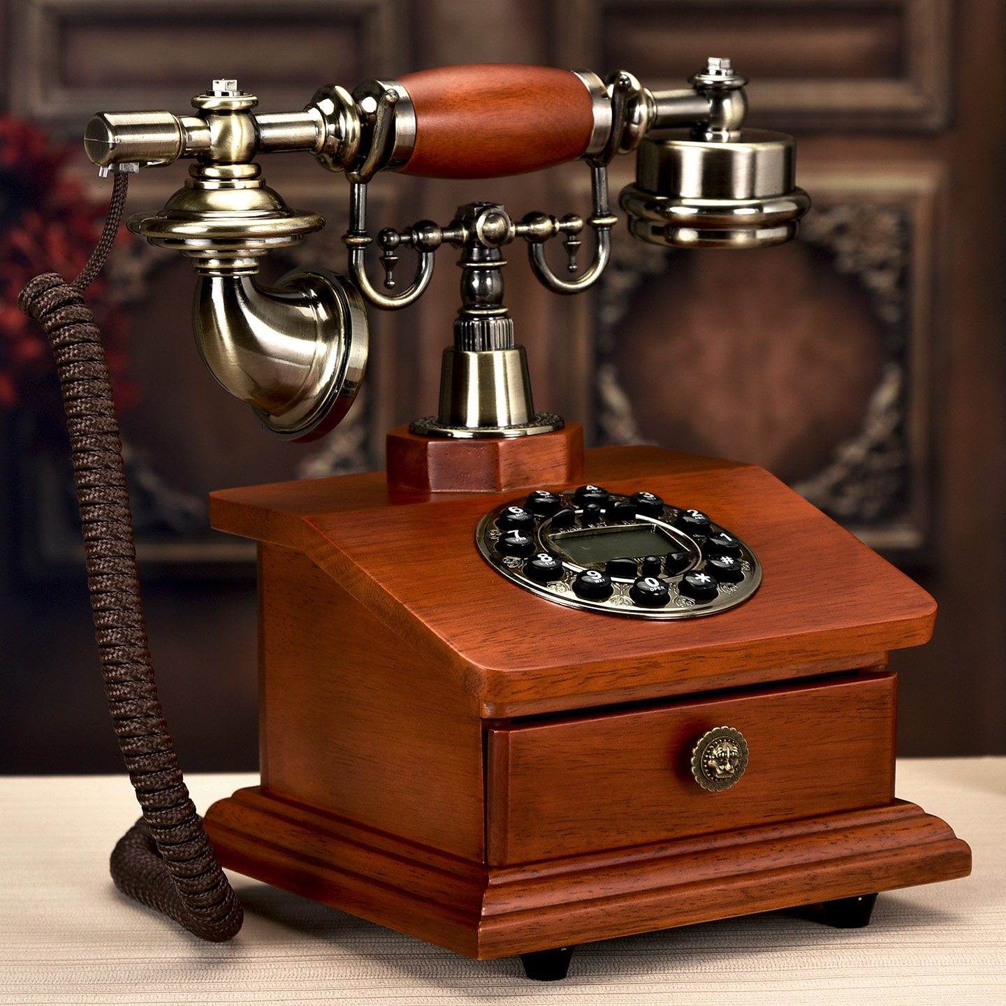 无线复古座机仿古电话机实木插卡款固话家用固定电话欧式装饰电话