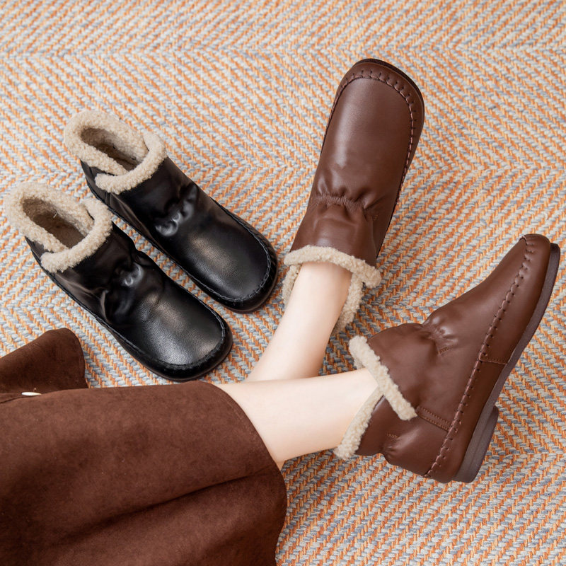 冬季妈妈鞋棉鞋女舒适加绒保暖真皮短靴中老年牛筋软底老人鞋羊毛