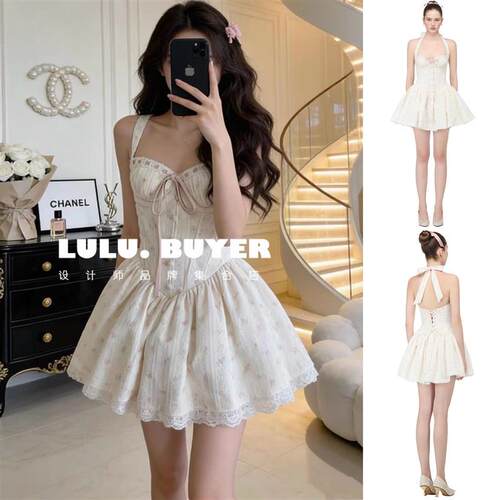 LULU买手店正品越南Jubin短裙26新款蝴蝶结挂脖碎花天幕连衣裙女
