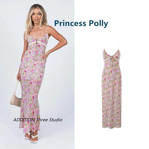 折扣现货 Princess Polly 春夏款碎花蕾丝拼接性感吊带长款连衣裙