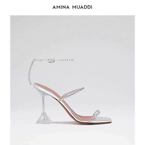 Amina Muaddi 小众设计感一字带水钻方头高跟凉鞋
