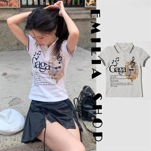 买手店正品现货Praying短袖趣味标语印花POLO衫短款正肩上衣T恤女