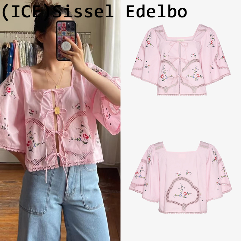 粉色刺绣花纹纯棉镂空衬衫上衣女