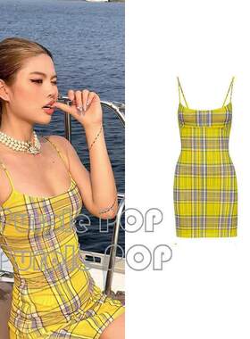 POP买手店  MIAOU 23夏季美式包臀紧身开叉黄格子吊带裙