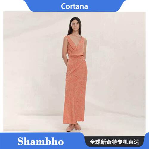 Shambho正品 Cortana 新品优雅V领水彩晕染印花围裹式真丝洋装