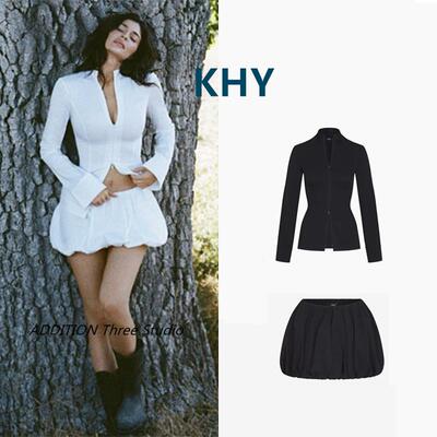正品 KHY 24秋冬款Kylie同款双向拉链修身显瘦衬衫花苞短裙套装女