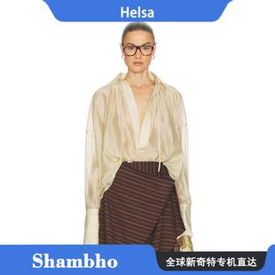 Shambho Helsa 新款性感微透抽绳V字翻领宽松长袖衬衫