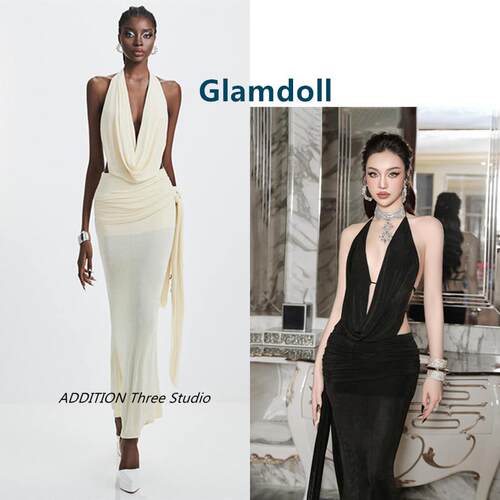 越南小众 Glamdoll 春夏款性感荡领挂脖大露背修身鱼尾礼服连衣裙