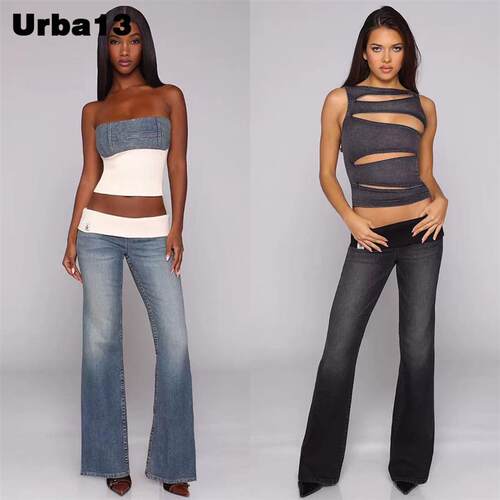 Urba13买手店正品现货Revice denim阔腿长裤螺纹腰头微喇牛仔裤