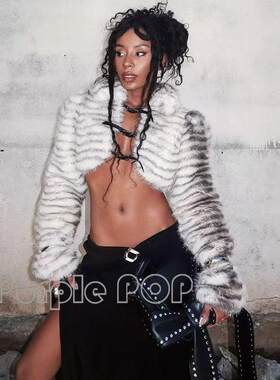 POP买手店 I.AM.GIA 新款性感露脐修身开衫短款皮草毛绒外套