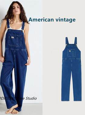 折扣 American Vintage 夏款美式复古深蓝色宽松牛仔背带裤连体裤