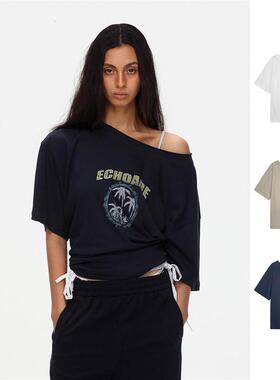 [新品]ECHOADE设计师品牌斜肩椰树印花T恤GoGoBuyer买手店