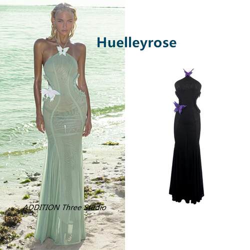 越南小众 Huelleyrose 24新款立体蝴蝶结挂脖露肩长款礼服连衣裙