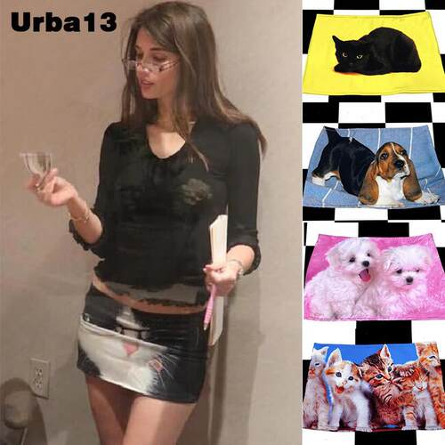 Urba13买手店现货正品Omighty半身裙y2k童趣猫咪印花涂鸦包臀短裙