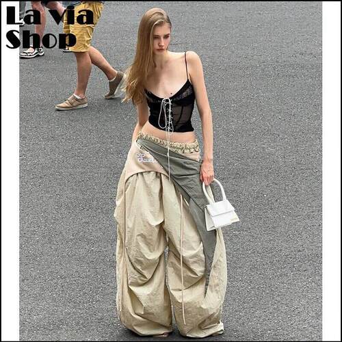 越南正品Huelleyrose撞色绑带廓形降落伞阔腿拖地裤女
